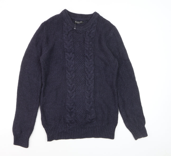 Brave Soul Men’s Blue Cable-Knit Crew Neck Jumper Size L