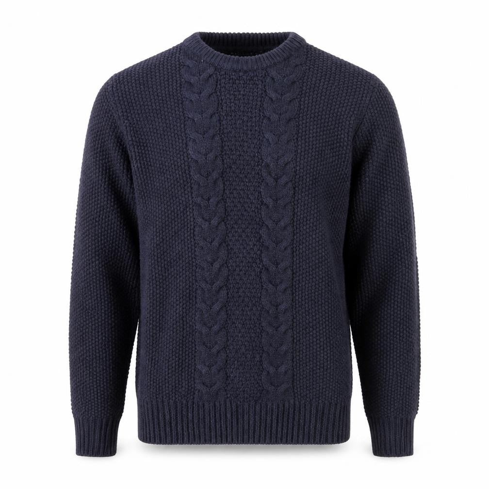 Front view of Brave Soul Men’s Blue Cable-Knit Crew Neck Jumper, size L