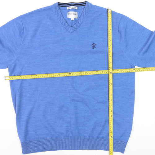 Crockett & Jones Men's Blue Wool Blend V-Neck Jumper XL