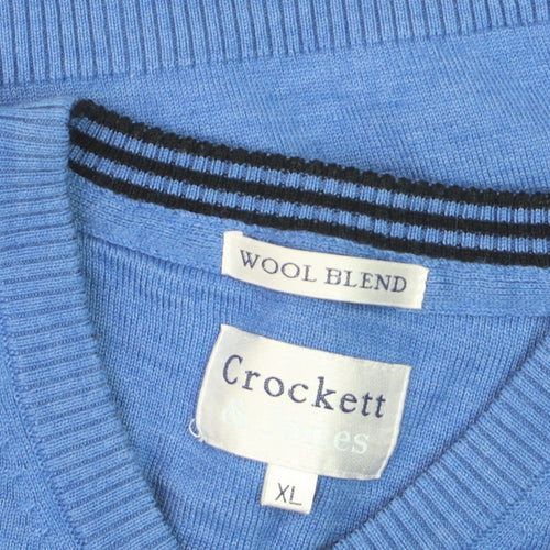 Crockett & Jones Men's Blue Wool Blend V-Neck Jumper XL