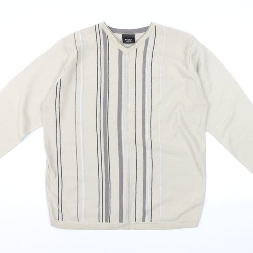 Next Men Beige Striped V-Neck Wool Blend Jumper Medium