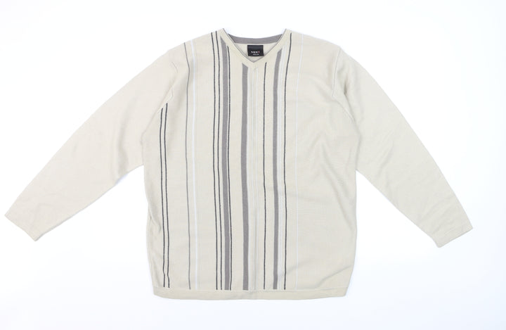 Next Men Beige Striped V-Neck Wool Blend Jumper Medium
