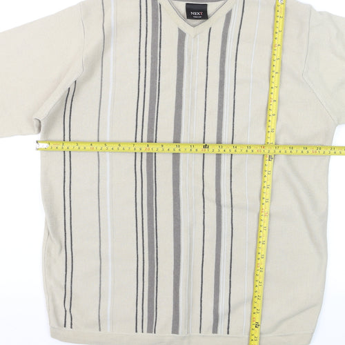 Next Men Beige Striped V-Neck Wool Blend Jumper Medium