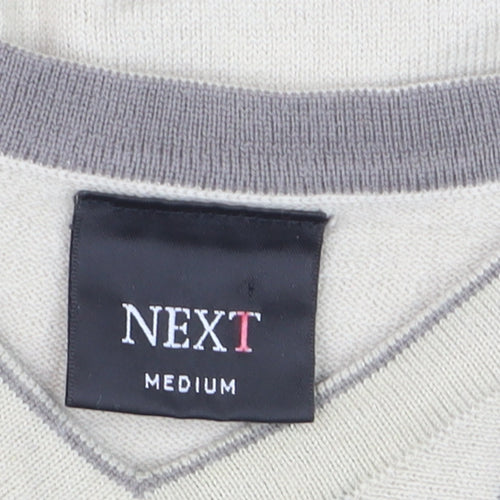Next Men Beige Striped V-Neck Wool Blend Jumper Medium