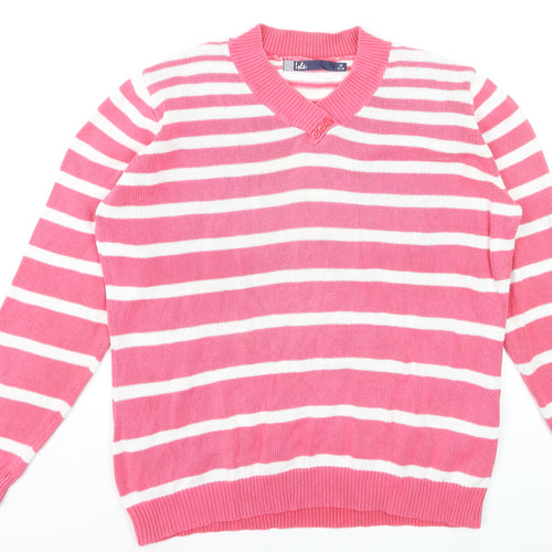 Isle Womens Pink White Striped V-Neck Long Sleeve Jumper Size 14