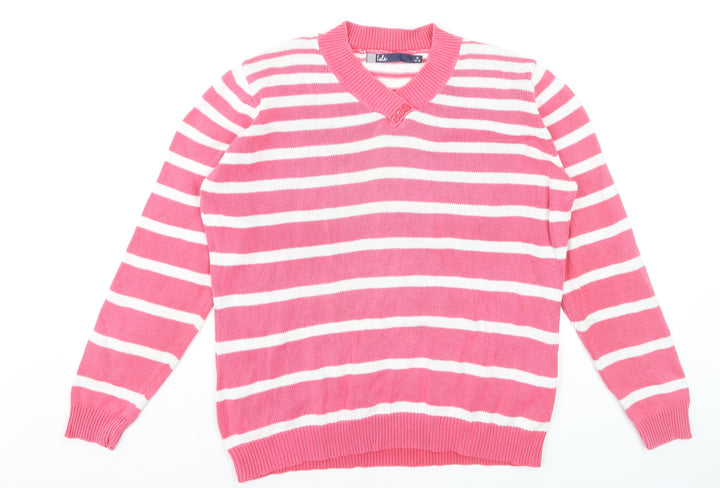 Isle Womens Pink White Striped V-Neck Long Sleeve Jumper Size 14