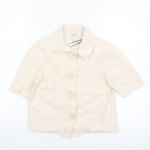Marks and Spencer Women Beige Collared Short Sleeve Knit Blouse S
