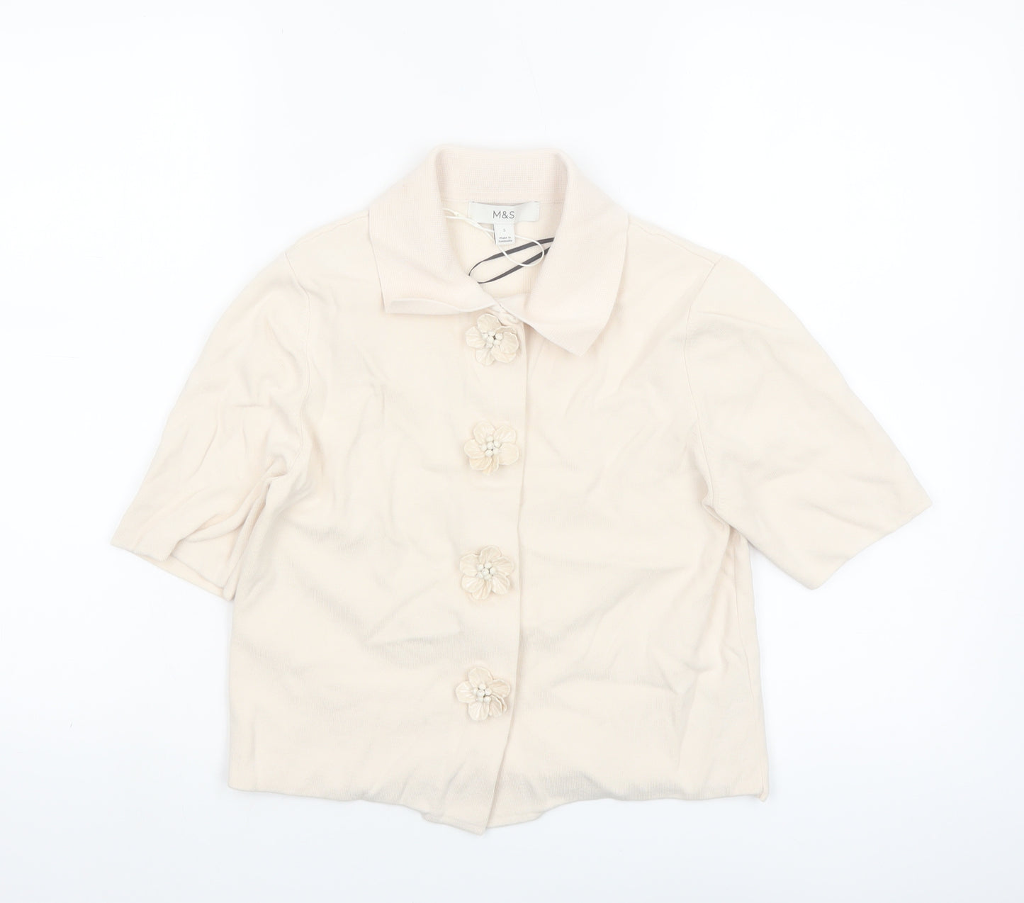 Marks and Spencer Women Beige Collared Short Sleeve Knit Blouse S