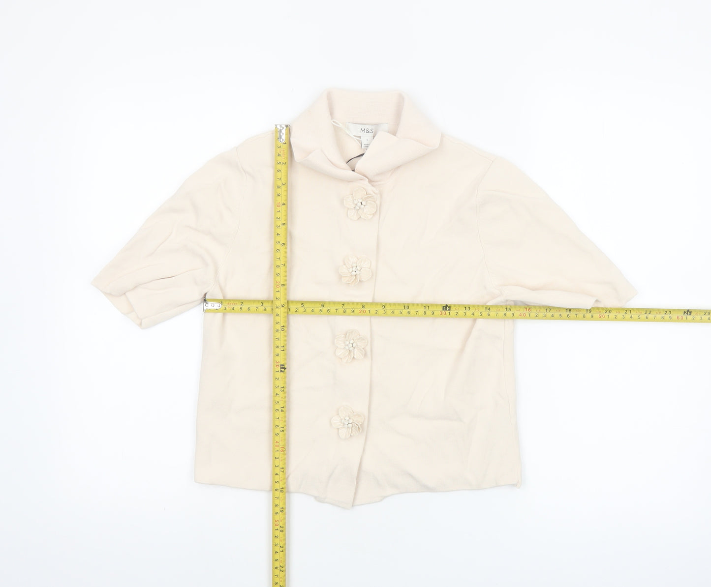 Marks and Spencer Women Beige Collared Short Sleeve Knit Blouse S