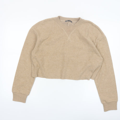 Zara Women Beige Crew Neck Knit Pullover Jumper Size 12