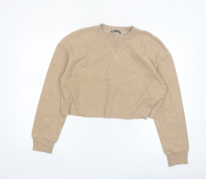 Zara Women Beige Crew Neck Knit Pullover Jumper Size 12