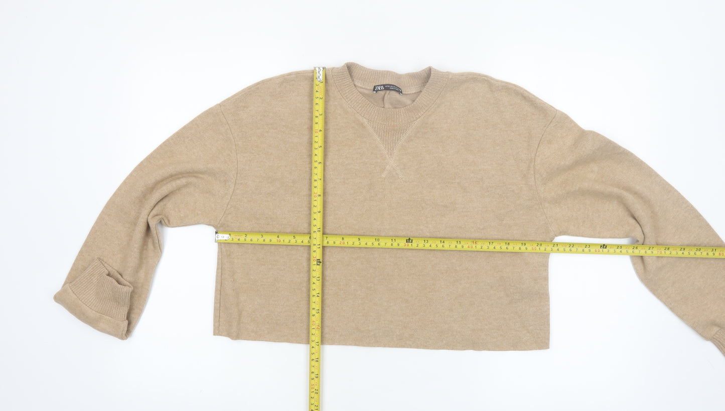 Zara Women Beige Crew Neck Knit Pullover Jumper Size 12