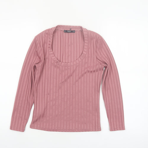 Mango Women Pink XS Ribbed Stretch Long Sleeve Scoop Neck Top