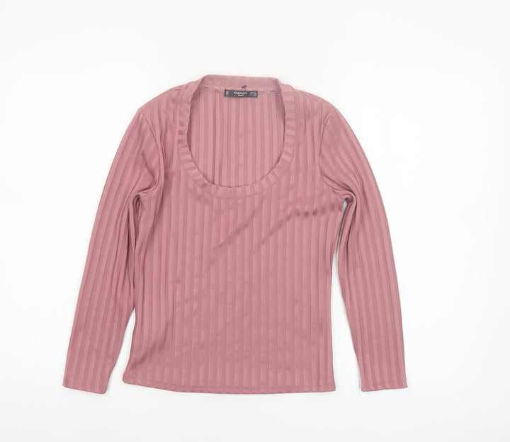 Mango Women Pink XS Ribbed Stretch Long Sleeve Scoop Neck Top