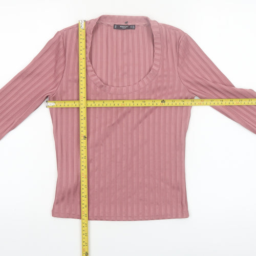 Mango Women Pink XS Ribbed Stretch Long Sleeve Scoop Neck Top