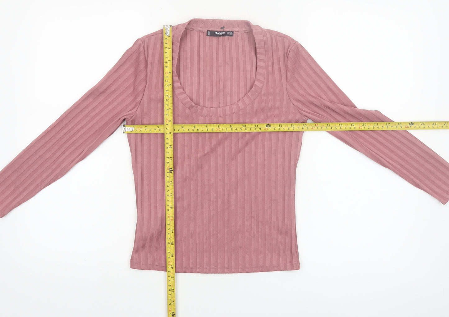 Mango Women Pink XS Ribbed Stretch Long Sleeve Scoop Neck Top