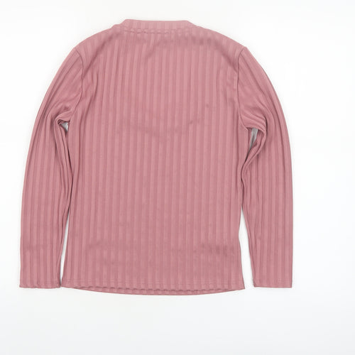 Mango Women Pink XS Ribbed Stretch Long Sleeve Scoop Neck Top