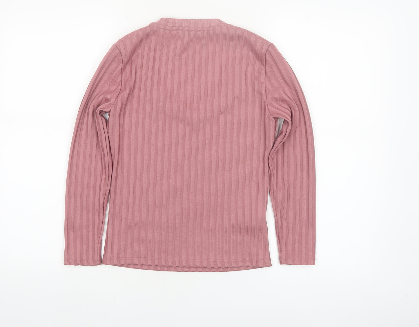 Mango Women Pink XS Ribbed Stretch Long Sleeve Scoop Neck Top