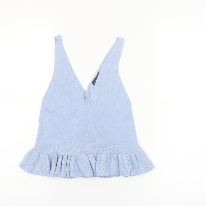 Topshop Women Blue V-Neck Ruffle Hem Knit Camisole Tank Top Size 6