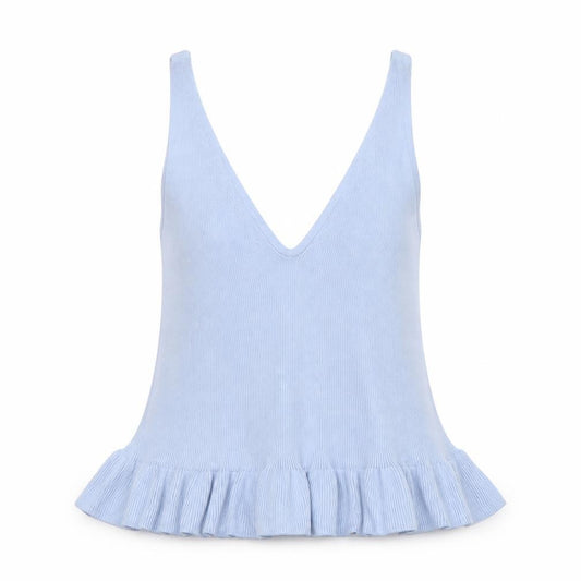 Front view of Topshop Women Blue V-Neck Ruffle Hem Knit Camisole Tank Top, size 6