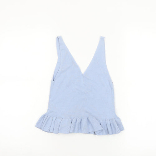 Topshop Women Blue V-Neck Ruffle Hem Knit Camisole Tank Top Size 6