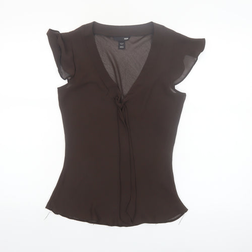 H&M Women Brown Chiffon Wrap V-Neck Flutter Sleeve Blouse Size 10