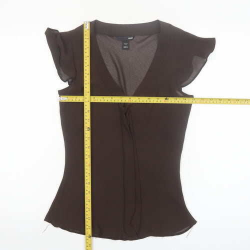 H&M Women Brown Chiffon Wrap V-Neck Flutter Sleeve Blouse Size 10
