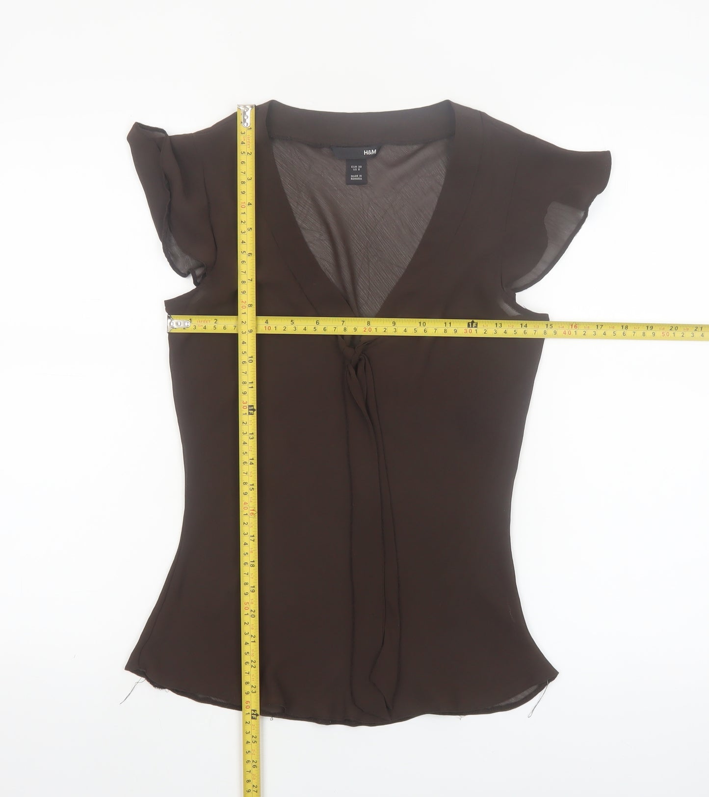 H&M Women Brown Chiffon Wrap V-Neck Flutter Sleeve Blouse Size 10