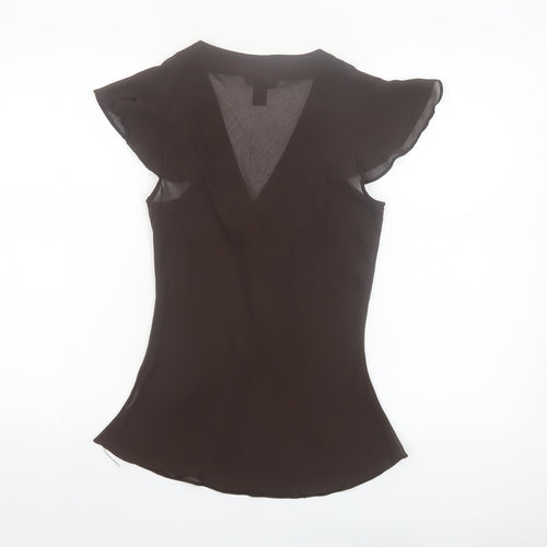 H&M Women Brown Chiffon Wrap V-Neck Flutter Sleeve Blouse Size 10