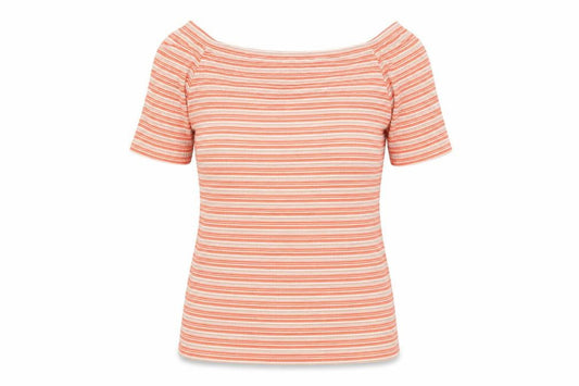 Front view of Next Women's Orange Striped Off Shoulder Short Sleeve Top, size 12