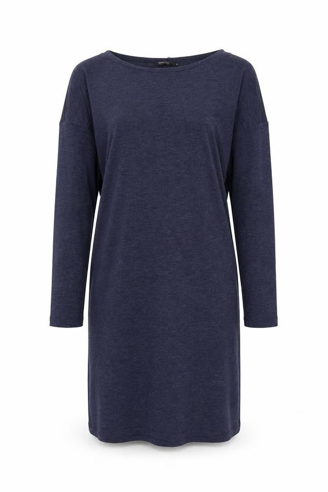 Front view of Rohan Women Blue, size 8, Shift Knit Long Sleeve Knee Dress