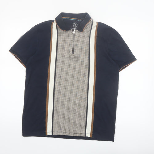 Next Men's Blue Retro Zip Cotton Polo Shirt Size M