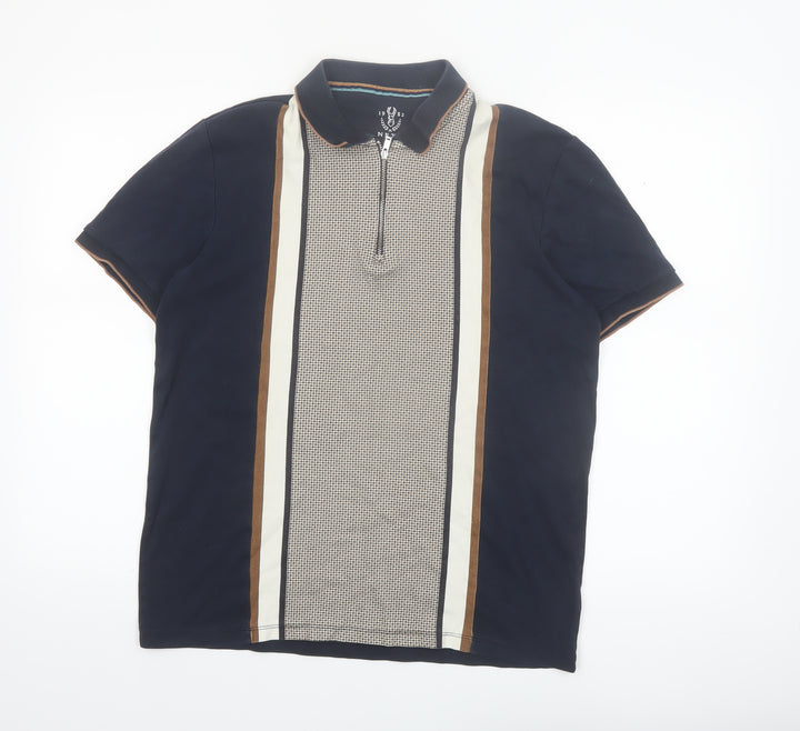 Next Men's Blue Retro Zip Cotton Polo Shirt Size M