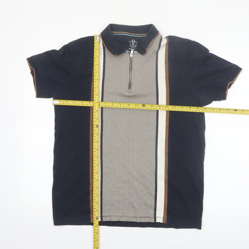 Next Men's Blue Retro Zip Cotton Polo Shirt Size M