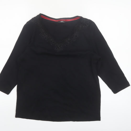 Marks and Spencer Women’s Black Cotton Beaded V-Neck 3/4 Sleeve Blouse UK 14