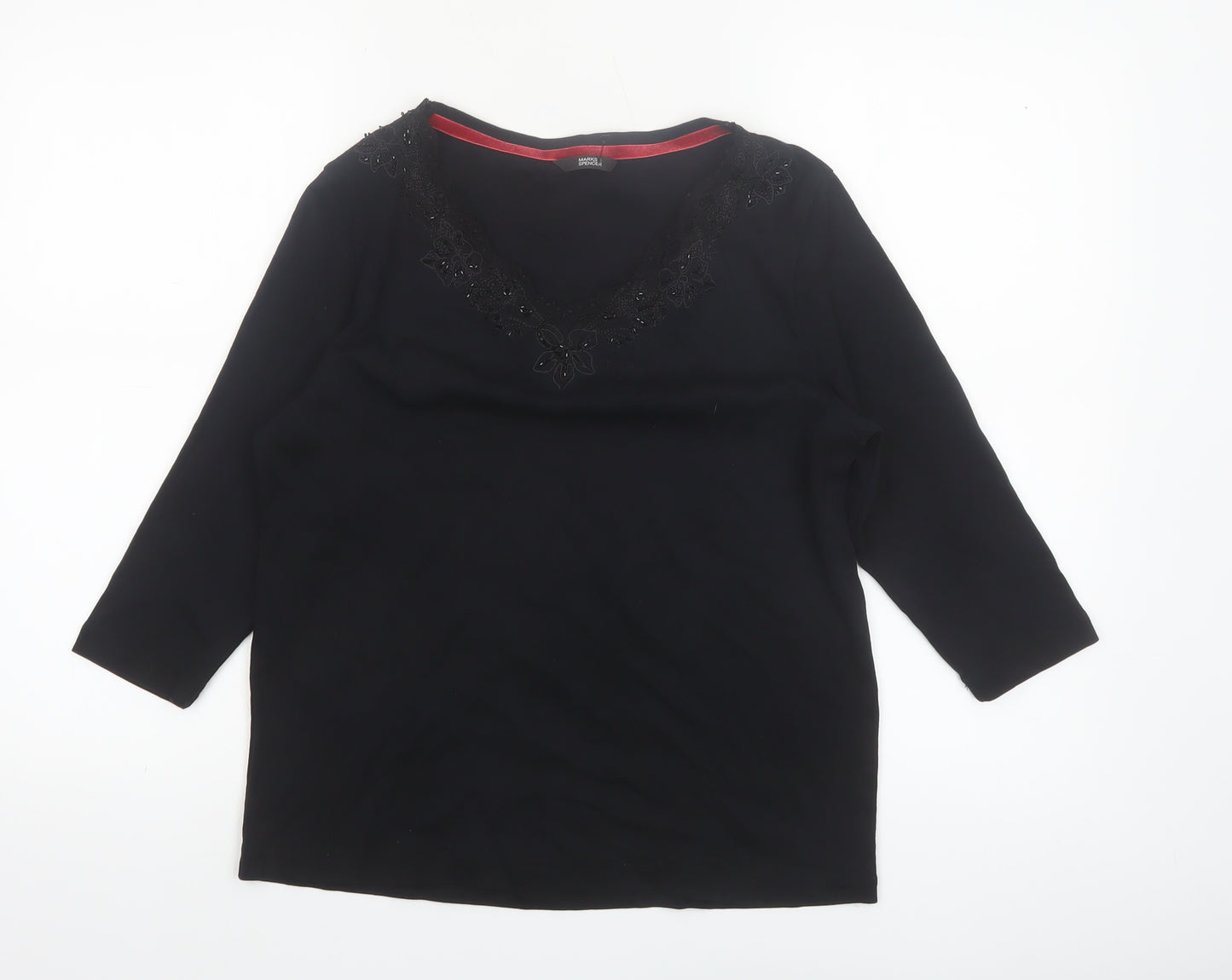 Marks and Spencer Women’s Black Cotton Beaded V-Neck 3/4 Sleeve Blouse UK 14