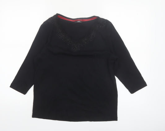 Marks and Spencer Women’s Black Cotton Beaded V-Neck 3/4 Sleeve Blouse UK 14