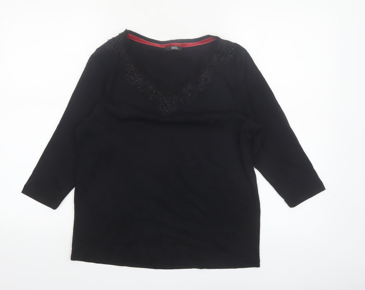 Marks and Spencer Women’s Black Cotton Beaded V-Neck 3/4 Sleeve Blouse UK 14