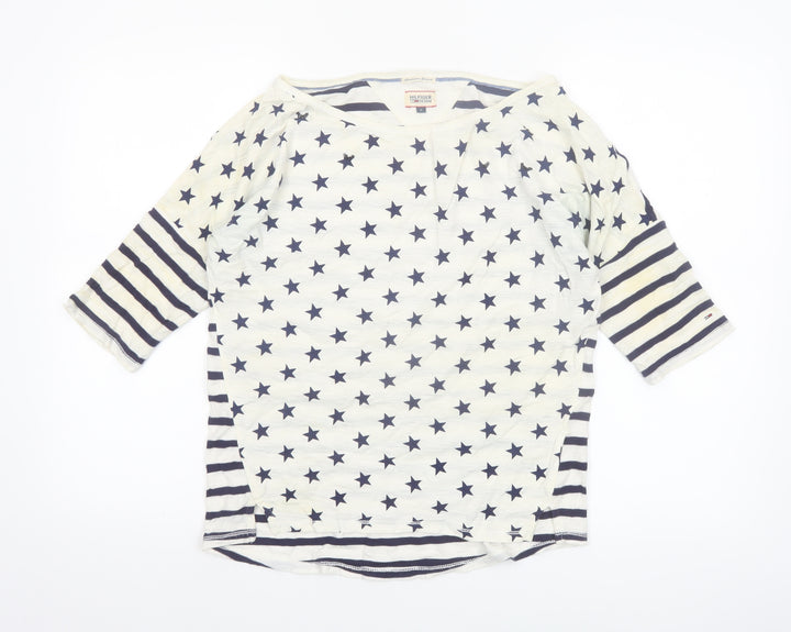 Hilfiger Denim Women's White Navy Star Stripe 3/4 Sleeve Cotton T-Shirt S