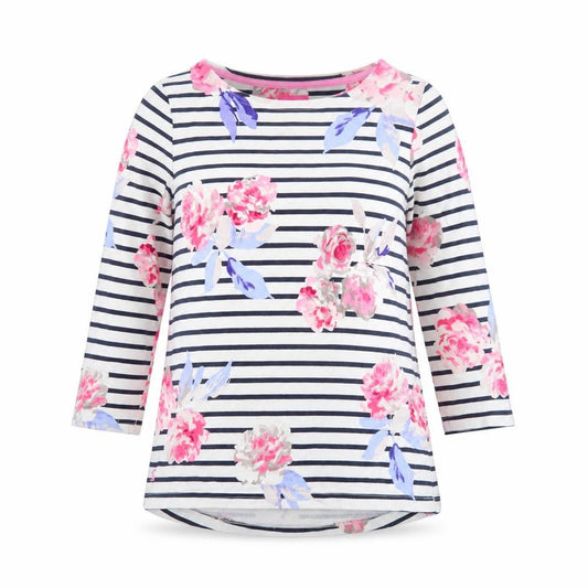 Front view of Joules Women’s Multicoloured Floral Stripe 3/4 Sleeve Cotton Tunic Top, size UK 8