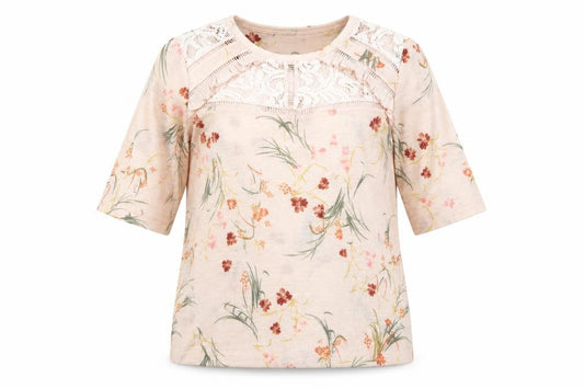 Front view of Marks & Spencer Women’s Pink Floral Lace T-Shirt, size UK 8