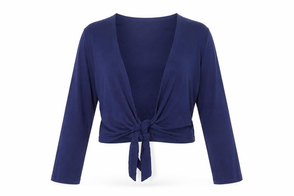 Front view of Adini Women's Blue Cotton Wrap Tie Blouse Long Sleeve XS