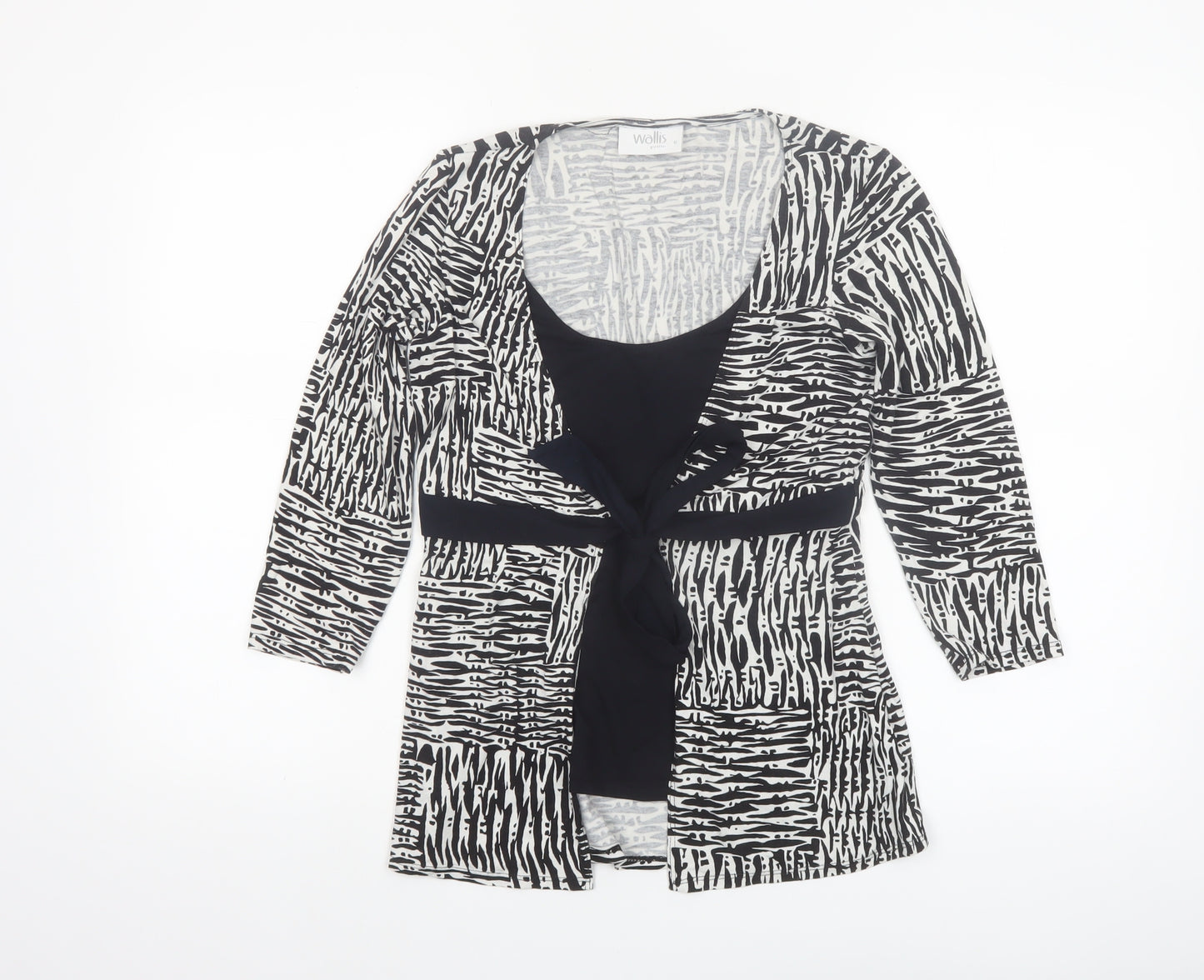 Wallis Petite Black Geometric Wrap Blouse Size 6 Women’s 3/4 Sleeve