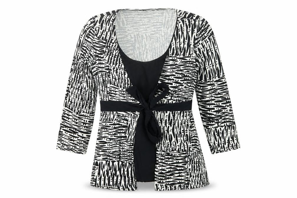 Wallis Petite Black Geometric Wrap Blouse Size 6 Women’s 3/4 Sleeve