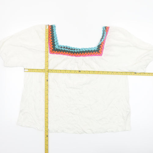 Boden Women’s White Linen Crochet Trim Peasant Blouse UK 14