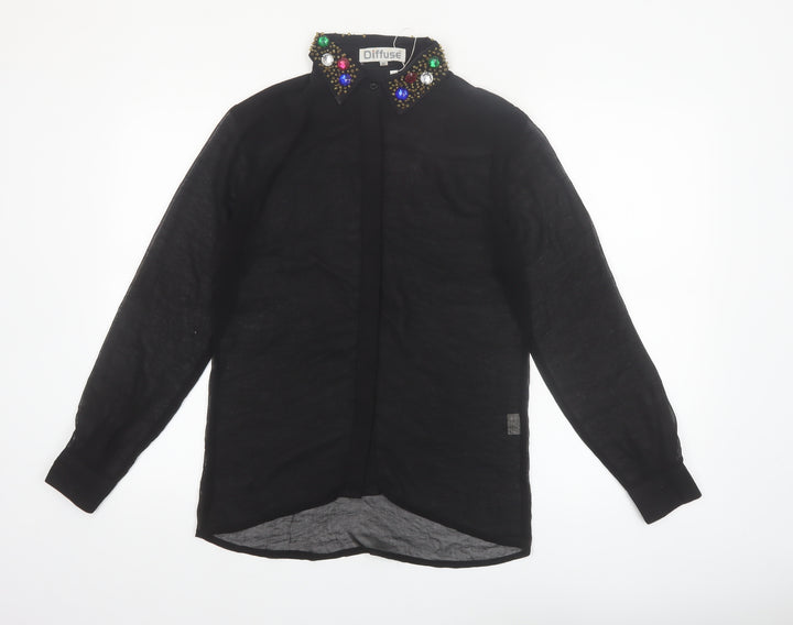 Diffuse Womens Black Beaded Collar Long Sleeve Blouse Size 12