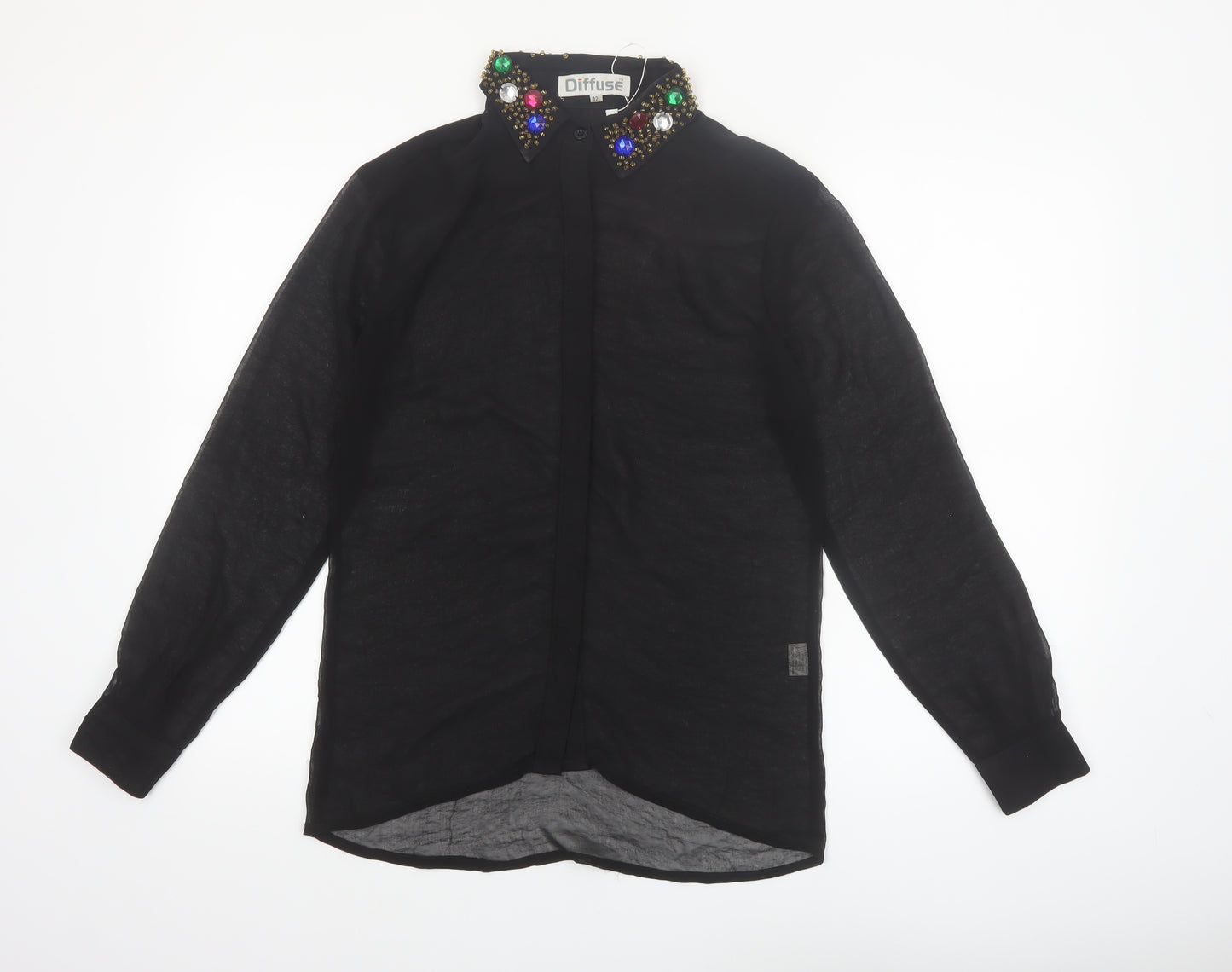 Diffuse Womens Black Beaded Collar Long Sleeve Blouse Size 12