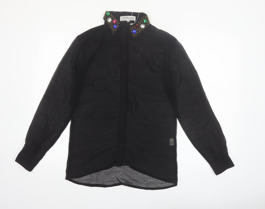 Diffuse Womens Black Beaded Collar Long Sleeve Blouse Size 12