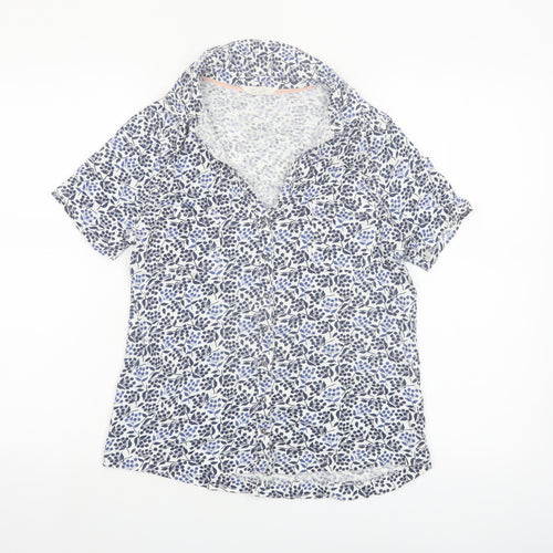 White Stuff Women Blue Floral Cotton Short Sleeve Button-Up Shirt Size 10