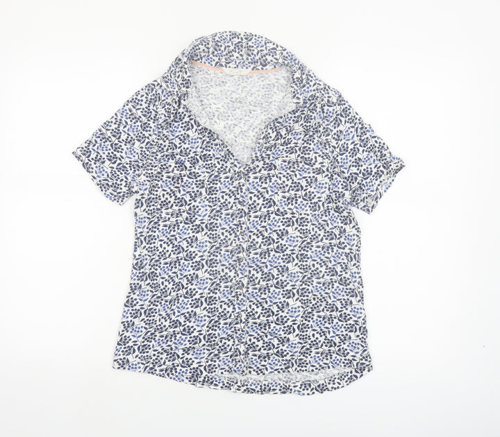 White Stuff Women Blue Floral Cotton Short Sleeve Button-Up Shirt Size 10